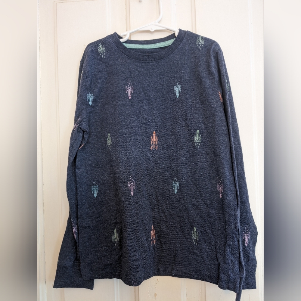 Cat & Jack Rocketship Heather Blue Long Sleeve Tee Youth Size M (8/10)